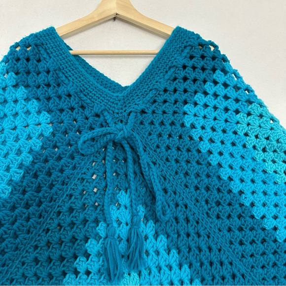 Handmade Teal Crochet Poncho Oversized Duster Boho Hippie Granny  *READ - Picture 2 of 12